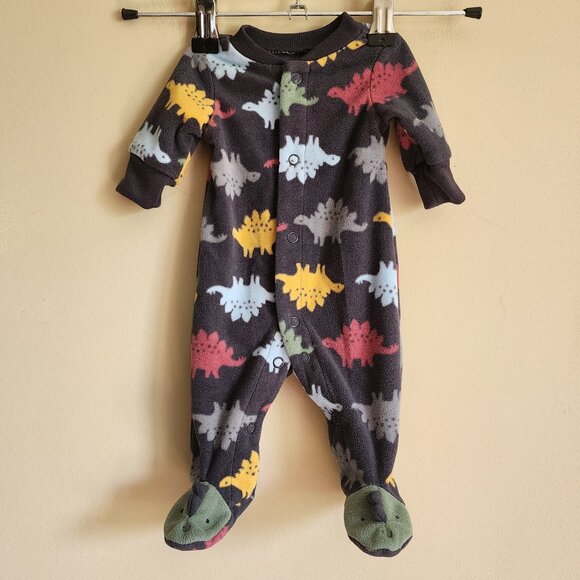 Carters - Preemie Boys Dark Gray Dinosaur Button Up Fleece Sleeper Pajamas - Picture 2 of 6